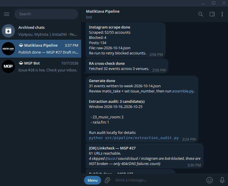 Telegram chat with the operator bot: scrape, cross-check, generate and link-check reports