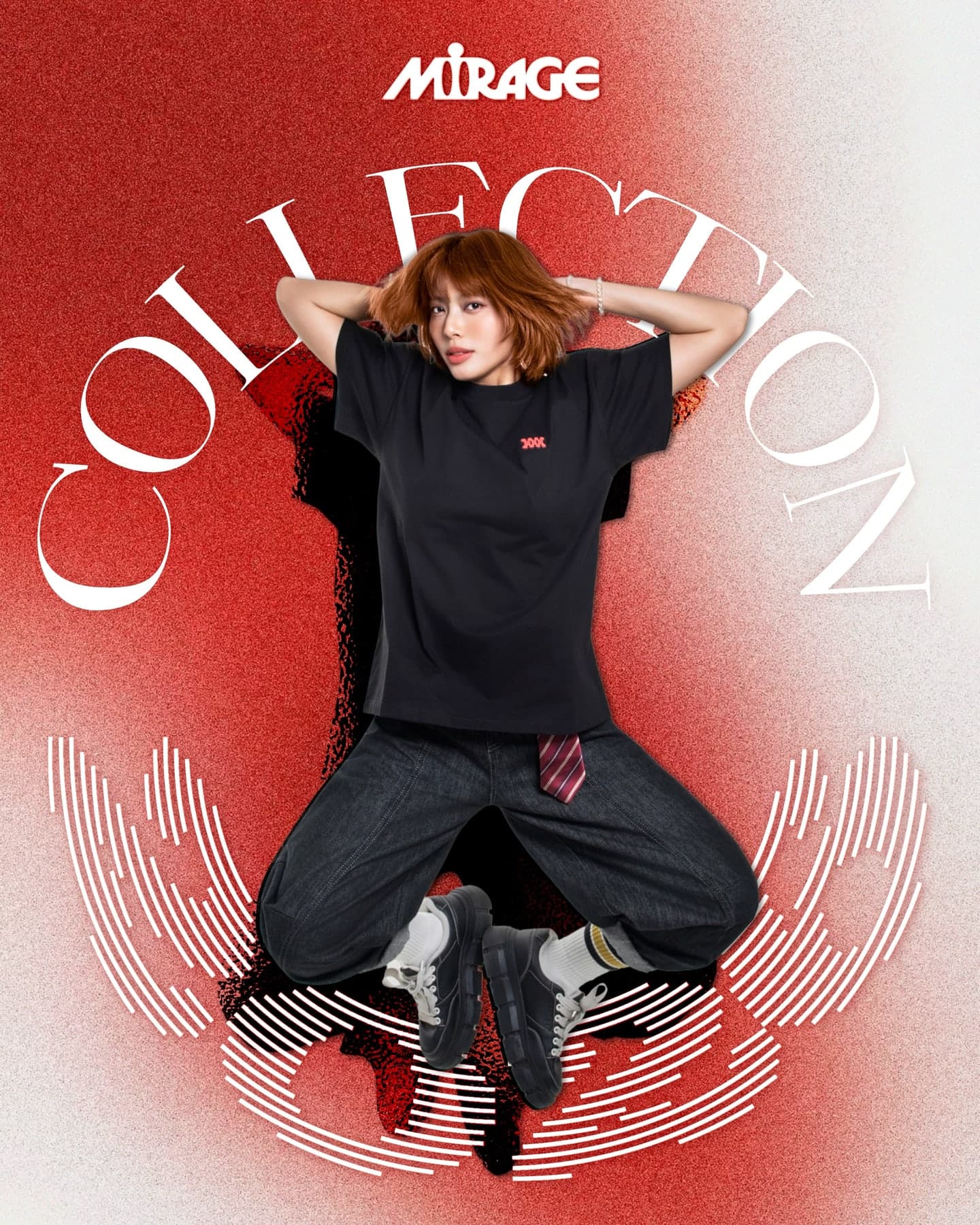 Model in the black Mirage T-shirt on the red COLLECTION poster