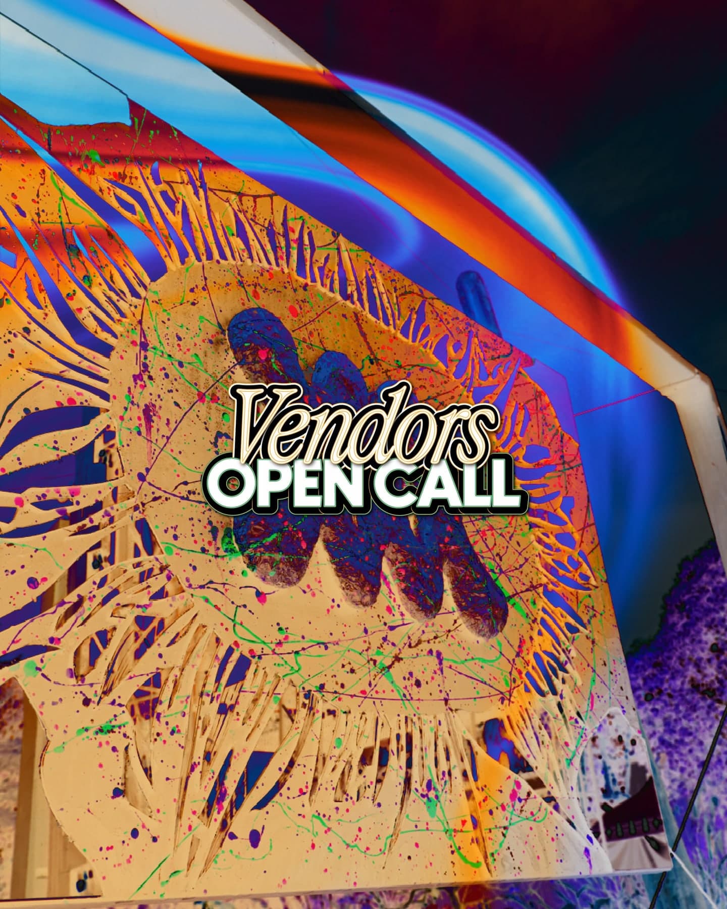Vendors open call post: graffiti-covered Mirage sign in blue and orange